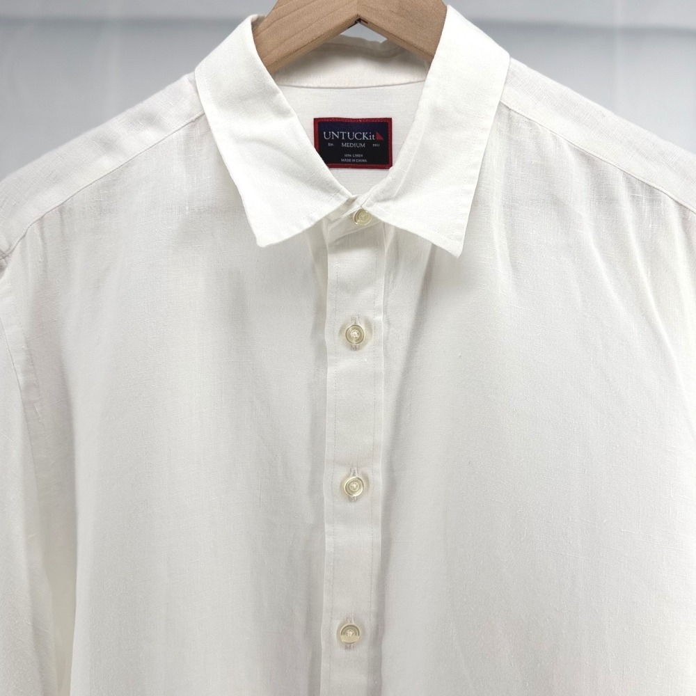 UNTUCKit Mens White 100% Linen Preppy Long Sleeve Button Down Shirt Size Medium - Picture 3 of 9